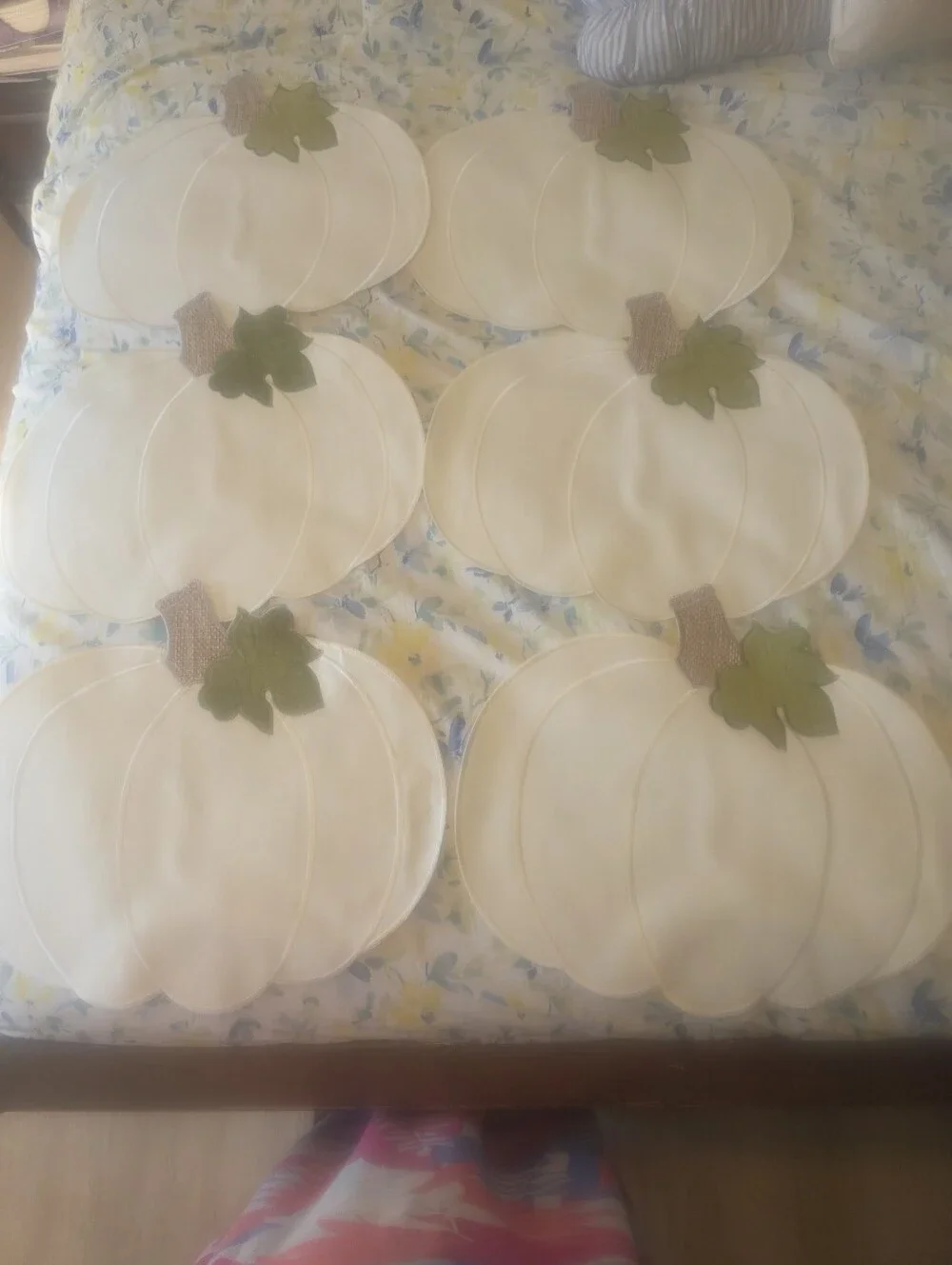 White Pumpkin-Shaped Placemat with Green Leaf Accent Set Of 6